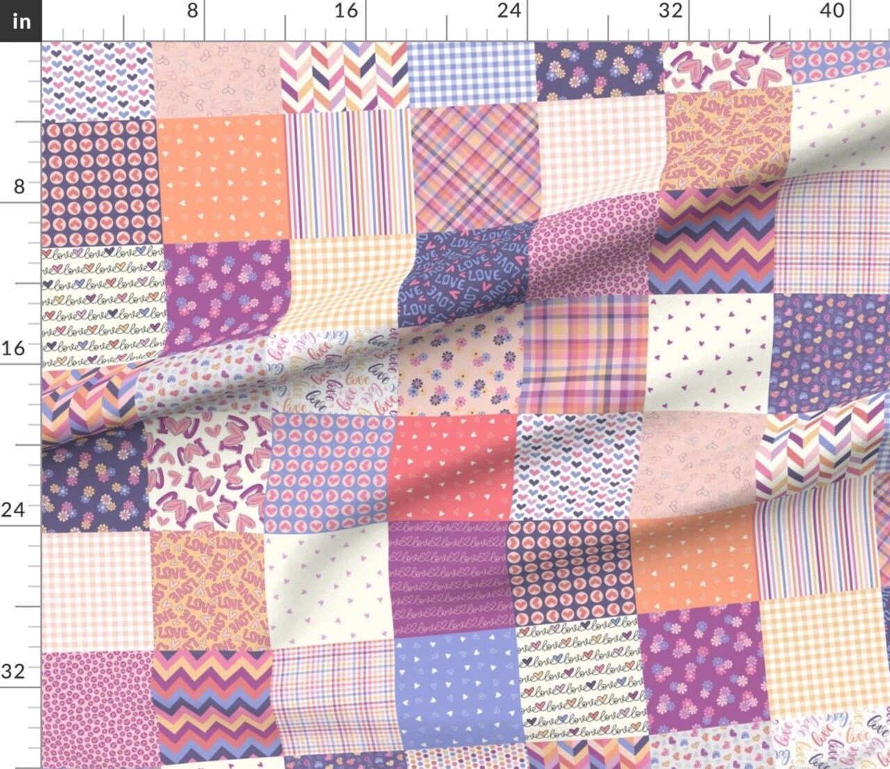 Retro Patchwork Whimsical Valentine Love Hearts Floral Chevron Stripes Gingham Pink Purple Geometric Pastel Typography Letters Cheater Quilt Custom Printed Fabric by Spoonflower Various Fabrics by the Yard or Fat Quarter